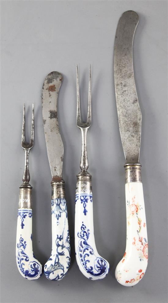 Four Bow pistol handled knives or forks, c.1755-60, 20.5 - 28.5cm